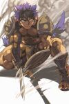  1boy abs animal_ears armor bandaged_hand bandages bara closed_mouth dog_boy dog_ears dog_tail highres holding holding_shield holding_sword holding_weapon large_pectorals male_focus muscular muscular_male navel original pauldrons pectorals pelvic_curtain purple_hair sagami_jon sandals shield short_hair shoulder_armor solo sword tail weapon 