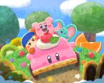  bandana bandana_waddle_dee blue_bandana blue_eyes blush_stickers car car-mouth_cake car_mouth cookie elfilin food forest fruit kirby kirby_(series) kirby_and_the_forgotten_land kiwi_(fruit) kiwi_slice looking_at_viewer miclot motor_vehicle mouthful_mode nature no_humans one_eye_closed open_mouth orange_(fruit) orange_slice smile star_(symbol) tree 