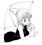  1girl arm_support artist_name bare_arms black_dress blunt_bangs bracelet breasts bulma cowboy_shot dragon_ball dragon_ball_(classic) dress dutch_angle earrings elbow_rest eyelashes fenyon fingernails hair_behind_ear hair_over_shoulder highres holding holding_umbrella jewelry large_breasts lips long_fingernails looking_up medium_hair monochrome sideways_glance simple_background sleeveless sleeveless_dress solo straight_hair tareme umbrella white_background 