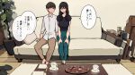  1boy 1girl black_hair brown_hair brown_pants couch cup green_pants highres indoors on_couch original pants pillow shirt short_hair short_sleeves sitting speech_bubble translation_request wakamatsu372 white_shirt 