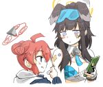  2girls ahoge animal_ears black_hair blue_archive blue_eyes blush bodypaint cheerleader dog_ears dog_girl double_bun hair_bun halo hariyaa hibiki_(blue_archive) hibiki_(cheer_squad)_(blue_archive) hood hood_down hoodie jacket long_sleeves looking_at_another maki_(blue_archive) millennium_cheerleader_outfit_(blue_archive) multiple_girls official_alternate_costume red_hair smile star_sticker sticker_on_arm yellow_halo 