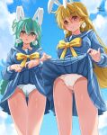  2girls absurdres akane_(parodius) animal_ears aqua_hair artist_name ass_visible_through_thighs blonde_hair blue_eyes blue_panties blue_sailor_collar blue_shirt blue_skirt blue_sky bow closed_mouth clothes_lift cloud cloudy_sky commentary commission crotch_seam day earrings highres hikaru_(parodius) jewelry lifted_by_self light_frown long_hair long_sleeves looking_at_viewer miniskirt multiple_girls open_mouth outdoors panties parodius pleated_skirt pom_pom_(clothes) pom_pom_earrings rabbit_ears red_eyes sailor_collar school_uniform serafuku shirt signature skirt skirt_lift sky smile standing thigh_gap twitter_username underwear white_panties yellow_bow yomo 