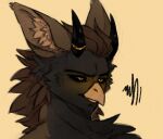  annoyed anonymous_artist anthro avian beak bird black_body black_eyes brown_body daevar dragon feathers female gryphon hair hi_res horn hybrid jewelry mythological_avian mythology orange_eyes owl ring solo 