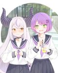  2girls absurdres ahoge black_horns braid braided_bangs drink drinking_straw ear_piercing fang grey_hair highres holding holding_drink hololive horns kyabetsu_ningen la+_darknesss long_hair multicolored_hair multiple_girls neckerchief piercing pointy_ears purple_hair purple_neckerchief school_uniform short_hair skin_fang streaked_hair striped_horns tokoyami_towa yellow_eyes 