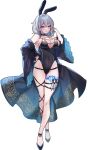 1girl alternate_costume ass_visible_through_thighs bare_legs bare_shoulders black_coat black_footwear black_leotard blue_eyes breasts coat commentary_request covered_navel crossed_legs full_body grey_hair groin hair_between_eyes hand_on_own_hip highres holster izayoi_sakuya knife large_breasts leg_tattoo leotard long_sleeves looking_at_viewer natsuki_(ukiwakudasai) off_shoulder open_clothes open_coat shoes short_hair simple_background smile solo standing tattoo thigh_holster thigh_strap thighs touhou watson_cross white_background wide_sleeves 