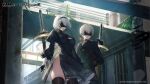  1boy 1girl 2b_(nier:automata) 9s_(nier:automata) absurdres black_blindfold black_dress black_gloves black_hairband black_thighhighs blindfold boots breasts choker clothing_cutout dress gloves goddess_of_victory:_nikke hairband highres juliet_sleeves long_sleeves medium_breasts mole mole_under_mouth nier:automata nier_(series) official_art puffy_sleeves short_hair shorts thighhighs white_hair wide_shot 