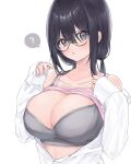  1girl ? akai_ame black_hair bra breasts cleavage collarbone glasses grey_eyes highres large_breasts long_hair long_sleeves looking_at_viewer off_shoulder open_clothes open_mouth open_shirt original partially_unbuttoned sidelocks simple_background sleeves_past_wrists solo spoken_question_mark twintails underwear upper_body white_background 