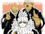  2021 3boys alternate_costume animal_ears asterios_(fate) asterius_(housamo) bead_necklace beads broken_horn brown_fur chinese_zodiac cow_boy cow_ears cow_horns crossover earrings facial_hair fate/grand_order fate_(series) furry furry_male goatee haori happy_new_year highres horns index_finger_raised japanese_clothes jewelry long_hair male_focus maou-jou_de_oyasumi minotaur minotauros_(maou-jou_de_oyasumi) multiple_boys multiple_crossover necklace nose_piercing nose_ring piercing saro_(rotsw_00022) short_hair simple_background single_earring spot_color textless_version tokyo_afterschool_summoners triplets tusks upper_body v year_of_the_ox 