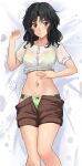  1girl absurdres amagami bed_sheet black_hair blue_eyes blush bow bow_panties bra bra_visible_through_clothes brown_shorts closed_mouth clothes_lift clothes_pull collarbone commentary curly_hair from_above green_bra green_panties hand_on_own_stomach hand_up highres lifted_by_self looking_at_viewer lying messy_hair navel on_back panties see-through see-through_shirt shirt shirt_lift shorts shorts_pull signature solo tanamachi_kaoru twitter_username underwear wavy_hair wet wet_clothes wet_hair wet_shirt white_shirt yoo_tenchi 
