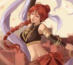  1girl armlet bangle bare_shoulders bracelet braid braided_ponytail breasts closed_eyes dancing detached_sleeves fire_emblem fire_emblem:_the_sacred_stones fire_emblem_heroes highres jewelry lipstick long_hair makeup medium_breasts midriff navel red_hair red_lips schereas shawl smile solo tethys_(fire_emblem) unfinished 