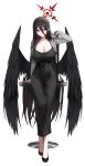 1girl absurdres black_dress black_footwear black_hair black_wings blue_archive breasts cleavage closed_mouth collarbone cosplay dongtan_lady_(k_pring) dongtan_lady_(k_pring)_(cosplay) dress feathered_wings full_body gnns grey_jacket halo hasumi_(blue_archive) highres jacket large_breasts long_hair long_sleeves looking_at_viewer open_clothes open_jacket red_eyes red_halo shoes simple_background solo very_long_hair white_background wings 