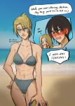  3girls abs annie_leonhardt ball beach beachball bikini black_hair blonde_hair blue_bikini blue_hair blush christa_renz denial grey_eyes highres mikasa_ackerman multiple_girls muscular muscular_female ocean shingeki_no_kyojin swimsuit tumblr_username yuri 