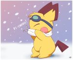  2014 ambiguous_gender artist_logo black_body black_fur eyewear eyewear_on_head feral fur generation_2_pokemon goggles goggles_on_head logo nintendo pichu pichu90 pokemon pokemon_(species) scarf sneeze snow snowing solo sparks_pichu text white_scarf yellow_body yellow_fur 