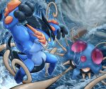  2023 3_fingers absurd_res ambiguous_gender anthro black_body blue_body boat dated digital_drawing_(artwork) digital_media_(artwork) duo feral fight fingers generation_1_pokemon hi_res katkichi mega_evolution mega_swampert nintendo orange_body pokemon pokemon_(species) red_body sea ship signature storm tentacle_grab tentacles tentacruel vehicle water watercraft wave yellow_sclera 