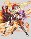  2girls :d absurdres alternate_costume bandages bandeau black_kimono black_sash breasts byleth_(female)_(fire_emblem) byleth_(fire_emblem) chest_sarashi cleavage dagger dual_wielding english_commentary fire fire_emblem fire_emblem:_three_houses fire_emblem_heroes fire_emblem_warriors:_three_hopes full_body green_eyes green_hair grey_background hair_over_one_eye highres holding holding_dagger holding_knife holding_weapon japanese_clothes kimono knife large_breasts leg_tattoo long_hair looking_at_viewer midriff multiple_girls navel obi open_mouth orange_kimono purple_eyes purple_hair sarashi sash shez_(female)_(fire_emblem) shez_(fire_emblem) silvercandy_gum simple_background smile stomach strapless tattoo thighs tube_top weapon 