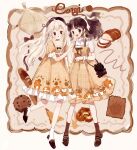  2girls ahoge animal_bag animal_print ankle_socks bag baguette blonde_hair blush_stickers border bow bowtie bread brown_background brown_bag brown_bow brown_bowtie brown_eyes brown_footwear brown_hair brown_headwear brown_ribbon brown_socks chocolate_chip_cookie collarbone collared_shirt commentary cookie dog_print dress empty_eyes english_commentary english_text eyeshadow food frilled_dress frilled_shirt_collar frilled_sleeves frilled_wrist_cuffs frills full_body hair_bow hair_ribbon hat high_collar high_heels highres holding_another&#039;s_wrist leg_up lolita_fashion long_hair looking_at_another makeup multiple_girls open_mouth orange_dress original paw_print paw_print_pattern pillow pink_eyeshadow ponytail pretzel puffy_short_sleeves puffy_sleeves putong_xiao_gou ribbon see-through see-through_sleeves shirt short_sleeves shoulder_bag single_wrist_cuff sleeveless sleeveless_dress smile socks striped striped_socks teeth twintails upper_teeth_only vertical-striped_socks vertical_stripes wavy_hair welsh_corgi white_border white_bow white_shirt white_socks white_wrist_cuffs wrist_cuffs 