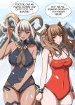  2girls absurdres angelina_(arknights) angelina_(summer_flower)_(arknights) animal_ears arknights black_one-piece_swimsuit bracelet breasts brown_hair carnelian_(arknights) carnelian_(shimmering_dew)_(arknights) clenched_hand commentary covered_navel english_commentary english_text fox_ears fox_girl fox_tail goat_ears goat_girl goat_horns highres horns jewelry large_breasts multiple_girls necklace official_alternate_costume one-piece_swimsuit one_eye_closed open_mouth outdoors red_eyes red_one-piece_swimsuit speech_bubble swimsuit symmetricturd tail white_hair yellow_eyes 