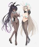  2girls animal_ears asuna_(blue_archive) asuna_(bunny)_(blue_archive) black_hair blue_archive blue_eyes bow bowtie breasts cleavage covered_nipples dark-skinned_female dark_skin fake_animal_ears fishnet_pantyhose fishnets full_body grin hair_over_one_eye halo heart_pasties high_heels highres holding holding_tray kaedeko_(kaedelic) karin_(blue_archive) karin_(bunny)_(blue_archive) large_breasts leotard light_brown_hair long_hair looking_at_viewer meme_attire multiple_girls navel pantyhose pasties playboy_bunny ponytail rabbit_ears reverse_bunnysuit reverse_outfit see-through see-through_leotard simple_background slit_pupils smile strapless strapless_leotard thighband_pantyhose traditional_bowtie tray very_long_hair wrist_cuffs yellow_eyes 