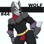  bandanna bottomwear bulge canid canine canis clothed clothing eye_patch eyewear hi_res kerchief male mammal muscular muscular_male muzzle_(disambiguation) nintendo open_bottomwear open_clothing open_pants pants pose presenting presenting_bulge red_eyes smile solo star_fox wolf wolf_o&#039;donnell 
