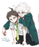  2boys :d ahoge black_pants collared_shirt cropped_legs danganronpa_(series) danganronpa_2:_goodbye_despair green_jacket green_necktie grey_eyes grey_hair hair_between_eyes hands_on_own_legs highres hinata_hajime hood hood_down hooded_jacket jacket komaeda_nagito leaning_forward looking_at_another male_focus multiple_boys necktie pants shirt short_hair short_sleeves simple_background smile tetose translation_request white_background white_shirt 