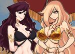  2girls absurdres arm_behind_back bangle bikini black_bikini black_eyes blonde_hair bracelet breasts centurii-chan_(artist) cleavage closed_mouth commentary english_commentary gold_bikini highres jewelry legate_(centurii-chan) long_hair multiple_girls neck_ring open_mouth original praetorian_(centurii-chan) purple_hair red_eyeliner simple_background smile swimsuit yellow_eyes 