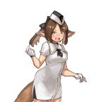  1girl animal_ear_fluff animal_ears arknights black_headwear blush breasts brown_eyes brown_hair chocolatice collared_dress cowboy_shot dress garrison_cap gloves hand_up hat looking_at_viewer medium_breasts open_mouth parted_bangs perfumer_(arknights) ponytail puffy_short_sleeves puffy_sleeves short_sleeves simple_background solo surprised sweat v-shaped_eyebrows white_background white_dress white_gloves 