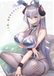  1girl animal_ears breasts collar crossed_legs fishnets glasses grey_hair highres hitowa horns large_breasts leotard long_hair looking_at_viewer original playboy_bunny pointy_ears rabbit_ears sitting skindentation slit_pupils solo 