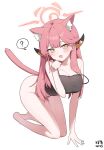  1girl :d ? absurdres animal_ear_fluff animal_ears aru_(blue_archive) blue_archive blush bottomless breasts cat_ears cat_girl fang halo highres horns kemonomimi_mode large_breasts looking_at_viewer myeolchi off_shoulder open_mouth orange_halo paw_pose pink_hair simple_background smile spoken_question_mark thighs white_background 