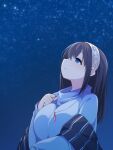  1girl argyle_hairband blue_eyes blue_shirt blush breasts idolmaster idolmaster_cinderella_girls large_breasts long_hair looking_up night night_sky outdoors profile sagisawa_fumika shirt sky smile solo star_(sky) straight_hair striped_shawl uccow upper_body 