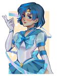  arm_up artist_logo back_bow bishoujo_senshi_sailor_moon blue_bow blue_bowtie blue_choker blue_eyes blue_hair blue_ribbon blue_sailor_collar blue_skirt border bow bowtie choker collarbone commentary cowboy_shot earrings elbow_gloves english_commentary gloves hele_bun highres jewelry magical_girl miniskirt mizuno_ami outside_border ribbon sailor_collar sailor_mercury sailor_senshi_uniform short_hair skirt sparkle star_(symbol) star_choker star_earrings tiara white_border white_gloves yellow_background 