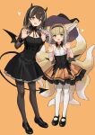  2girls :d absurdres alternate_costume animal_ears arknights black_dress black_hairband black_pantyhose blonde_hair blush braid breasts brown_hair claw_pose colored_tips demon_horns demon_tail dress earrings fox_ears fox_girl fox_tail full_body green_eyes hairband halloween_costume hands_up hat highres horns jewelry kitsune long_hair looking_at_viewer low_wings magallan_(arknights) medium_breasts multicolored_hair multiple_girls multiple_tails open_mouth pantyhose short_hair sigm@ sketch small_breasts smile streaked_hair suzuran_(arknights) tail white_dress white_pantyhose wings witch_hat yellow_eyes 