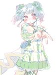  1girl bare_shoulders blue_flower blue_hair blush bow cha_ipride double_v dress feet_out_of_frame fishnet_pantyhose fishnets floating_hair flower gradient_hair green_bow green_dress green_flower hair_bow highres hydrangea hyodou_shizuku idoly_pride long_bangs multicolored_hair outstretched_arms own_hands_together pantyhose pink_hair red_eyes short_hair short_twintails sidelocks sleeveless sleeveless_dress solo twintails v 