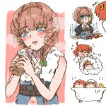  1girl 2girls bathing bathtub belt black_sleeves blue_eyes blue_overalls blush bottle braid brown_hair buckle chibi chocolate_milk closed_eyes clothing_cutout crying fate/grand_order fate_(series) fujimaru_ritsuka_(female) holding holding_bottle looking_at_object milk_bottle multiple_girls multiple_views navel navel_cutout on_floor open_mouth orange_hair orange_scrunchie overalls rubber_duck scrunchie shaking shimogamo_(shimomo_12) shirt shower_(place) side_braid side_ponytail soap_bubbles steam tears tile_floor tile_wall tiles towel towel_around_neck towel_on_head upper_body van_gogh_(fate) white_shirt 