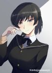  1girl absurdres amagami black_eyes black_hair blush breasts commentary_request highres kibito_high_school_uniform long_bangs long_hair looking_at_viewer medium_breasts mitojyaneeeeyo ponytail school_uniform simple_background smile solo tsukahara_hibiki twitter_username 