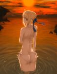  1girl ahoge artoria_pendragon_(fate) ass back bikini blonde_hair blue_ribbon braid cloud commentary fate/stay_night fate_(series) fov_ps french_braid green_eyes hair_ribbon highres lake looking_at_viewer looking_back median_furrow outdoors ribbon ripples saber side-tie_bikini_bottom sidelocks solo standing sun swept_bangs swimsuit twilight wading water white_bikini 