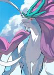  absurdres animal_focus blue_sky closed_mouth cloud commentary_request from_below gara_(qbeuxvii22) highres long_hair no_humans pokemon pokemon_(creature) purple_hair red_eyes ribbon sky suicune wavy_hair white_ribbon 
