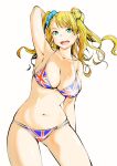  1girl absurdres asymmetrical_hair bikini breasts cleavage collarbone commentary_request flag_print fukushima_masayasu galko hair_bun hair_ornament hair_scrunchie highres long_hair looking_at_viewer multi-strapped_bikini_bottom navel one_side_up open_mouth oshiete!_galko-chan print_bikini scrunchie simple_background single_hair_bun single_side_bun solo swimsuit thighs union_jack union_jack_bikini white_background 