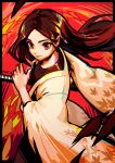  1girl brown_eyes brown_hair commentary english_commentary haori highres japanese_clothes katana leaf_print long_hair original pikat signature solo sword weapon 