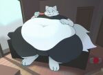  3_toes 5_fingers anthro bed bedroom belly big_belly bulge canid canine canis chubby_cheeks dipstick_tail eating fat_legs feet fingers food fur furniture grey_body grey_fur hand_on_stomach hi_res huge_belly huge_thighs male mammal markings messy navel obese obese_anthro overweight overweight_anthro pizza sitting solo tail tail_markings taka_fin9623 thick_thighs toes white_body white_fur wolf 