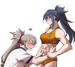  1boy 1girl abs awestruck blonde_hair blue_hair blush commission dlanon fire_emblem fire_emblem_fates hand_on_another&#039;s_stomach heart highres long_hair muscular muscular_female oboro_(fire_emblem) orange_sports_bra ponytail red_eyes spoken_heart sports_bikini sports_bra sweat takumi_(fire_emblem) track_and_field 