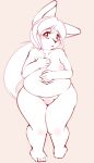 2023 anthro barely_visible_genitalia barely_visible_pussy belly big_belly blush breasts covering covering_breasts embarrassed female front_view full-length_portrait genitals glistening glistening_eyes hand_on_breast hand_on_stomach hi_res knock-kneed lagomorph leporid looking_at_viewer mammal maverick navel nude overweight overweight_female pear-shaped_figure plantigrade portrait pussy rabbit simple_background sketch small_breasts solo spot_color standing tan_background wide_hips 