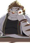  9dtq0 absurd_res anthro blue_eyes blush felid fur hi_res licho_(tas) lifewonders male mammal overweight pantherine reading scroll solo striped_body striped_fur stripes tiger tokyo_afterschool_summoners white_body white_fur 