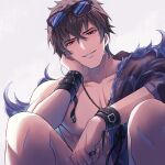  1boy belial_(granblue_fantasy) belial_(summer)_(granblue_fantasy) black_hair black_jacket eyewear_on_head feather_boa granblue_fantasy highres jacket jewelry kishire0324 male_focus necklace official_alternate_costume open_clothes open_jacket ring short_hair simple_background smile solo sunglasses wet wet_hair white_background wristband 