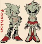  1boy 1girl 9474s0ul alternate_universe animal_ears animal_nose boots closed_mouth clothes_writing commentary english_commentary english_text fang fang_out fingerless_gloves frown full_body furry furry_male gloves hand_on_own_hip highres looking_at_viewer metal_amy metal_sonic mixed-language_commentary monochrome pink_background red_eyes robot shirt shirt_over_dress short_sleeves simple_background sonic_(series) spanish_commentary standing t-shirt 