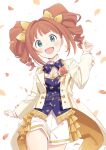  1girl :d blue_bow blue_bowtie blush boutonniere bow bowtie brown_hair cowboy_shot demirinz dot_nose falling_petals green_eyes hair_ribbon hand_up highres idolmaster idolmaster_(classic) idolmaster_million_live! idolmaster_million_live!_theater_days jacket long_hair long_sleeves looking_at_viewer open_clothes open_jacket open_mouth petals ribbon shorts smile solo takatsuki_yayoi twintails white_background white_jacket white_shorts yellow_ribbon 