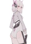  1girl absurdres accessories ass bodysuit from_behind gloves highres liv_(punishing:_gray_raven) looking_back pink_eyes punishing:_gray_raven skin_tight thighs white_hair xtears_kitsune 