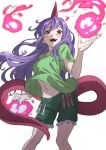  1girl feet_out_of_frame fingernails fire green_shirt green_shorts gyouza_(mhea5724) highres horns long_hair pink_horns purple_hair red_eyes shirt short_sleeves shorts simple_background single_horn solo syringe tail tenkajin_chiyari test_tube touhou white_background 