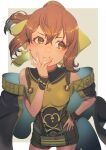  1girl aduti_momoyama armor bare_shoulders blush border bow bracelet breastplate brown_eyes brown_hair cape closed_mouth delthea_(fire_emblem) dress fang fire_emblem fire_emblem_echoes:_shadows_of_valentia grey_background hair_bow highres jewelry long_hair looking_to_the_side ponytail simple_background smile solo white_border zettai_ryouiki 