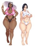  2girls absurdres black_hair bleach breasts feet hat highres ignotoz large_breasts multiple_girls navel nico_robin nipples one_piece simple_background smile stomach swimsuit thighs toes unohana_retsu wide_hips 