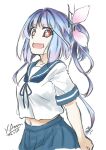  1girl arimura_yuu blue_hair blue_sailor_collar blue_skirt cosplay dated fang flower-shaped_pupils fubuki_(kancolle) fubuki_(kancolle)_(cosplay) hair_ribbon highres i-19_(kancolle) kantai_collection long_hair navel pleated_skirt red_eyes ribbon sailor_collar school_uniform serafuku signature simple_background skirt solo standing star-shaped_pupils star_(symbol) symbol-shaped_pupils tri_tails white_background 